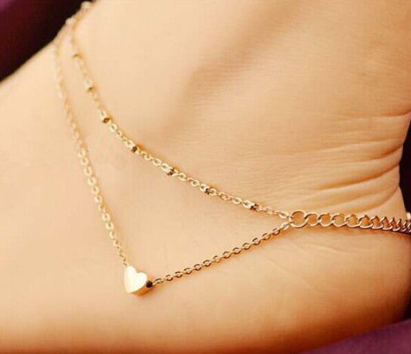 Heart Pendant Two Chains Golden Anklet